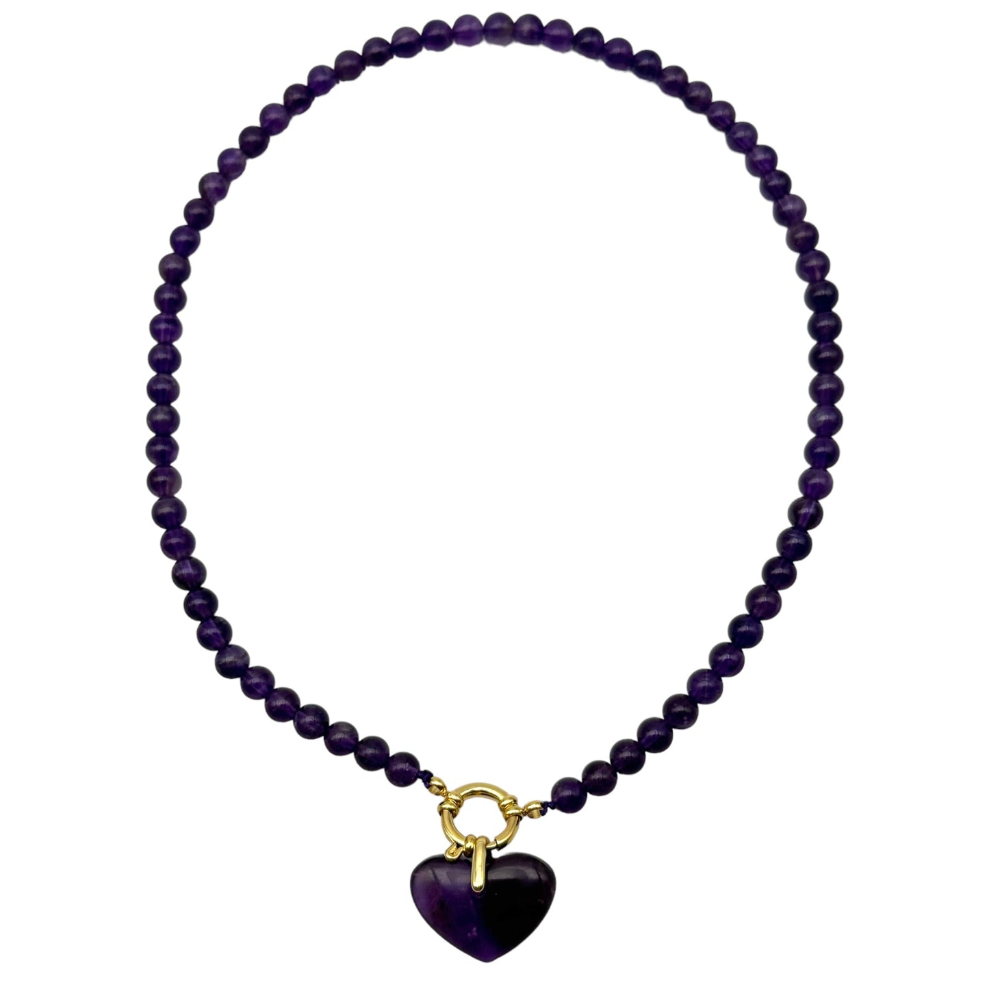 Collier boule en amethyste attache bouée en acier dorée avec pendentif coeur