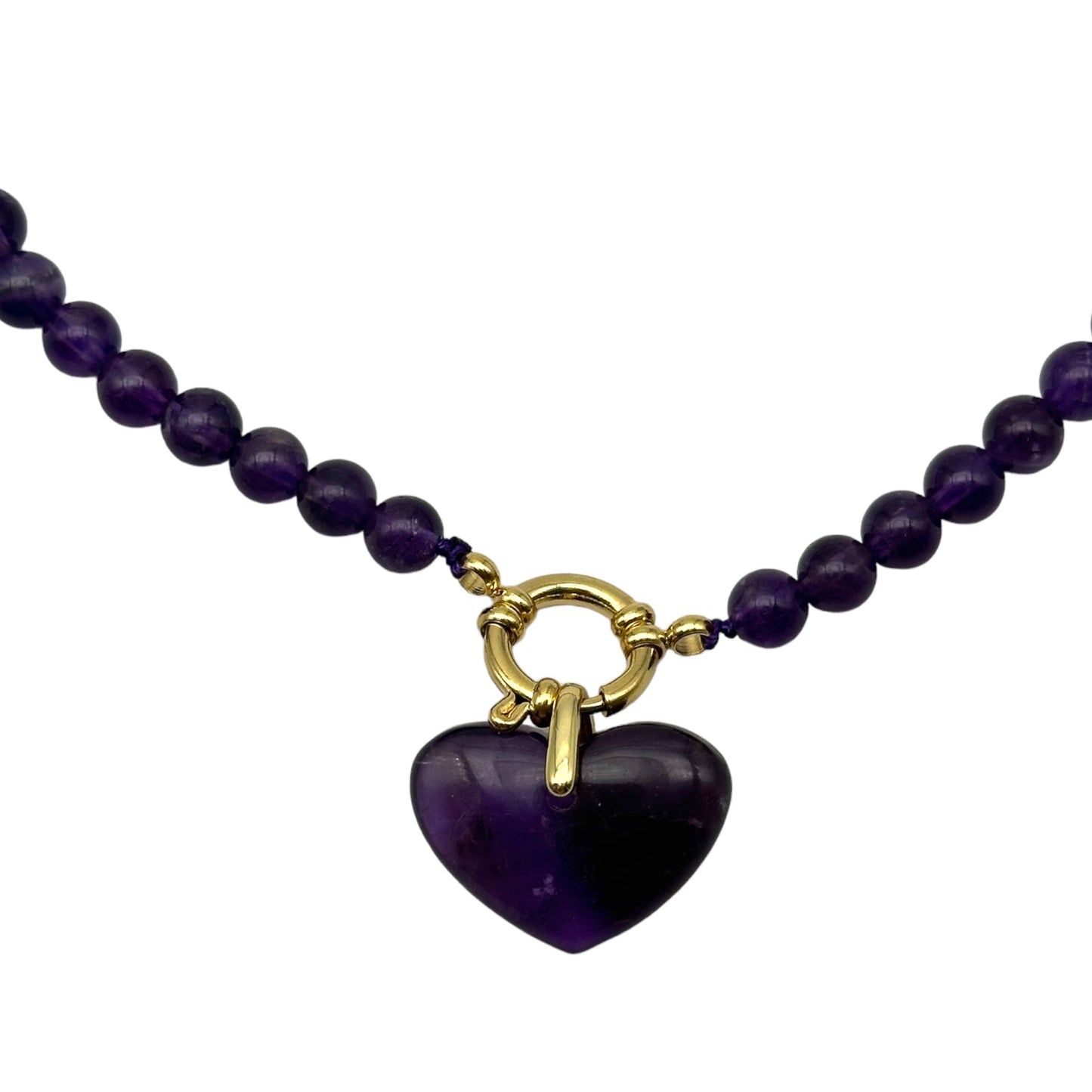 Collier boule en amethyste attache bouée en acier dorée avec pendentif coeur