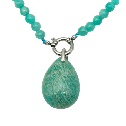 Collier boule en Amazonite du Perou A attache bouée en acier argenté avec pendentif goutte