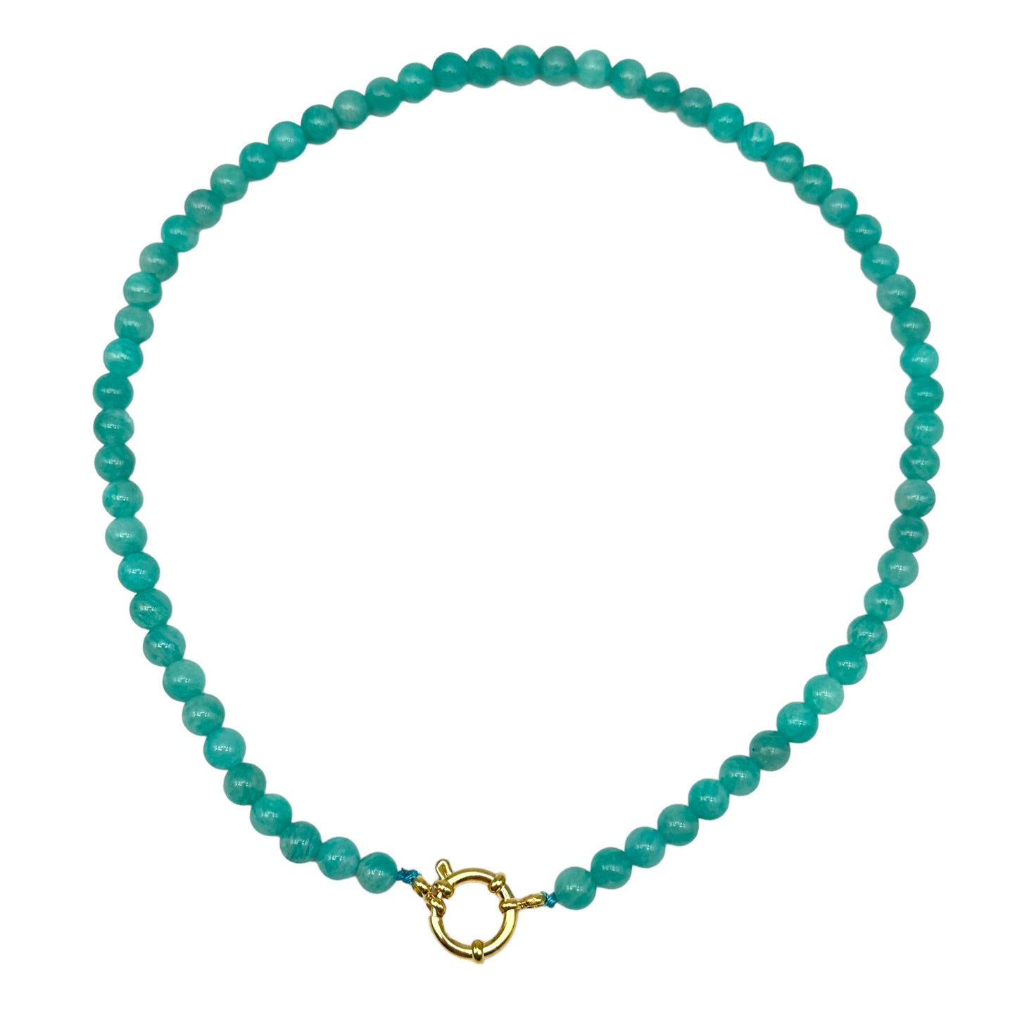 Collier boule en Amazonite du Perou A attache bouée en acier doré avec pendentif