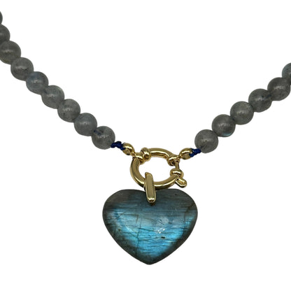 Collier boule en labradorite attache bouée en acier doré avec pendentif labradorite A