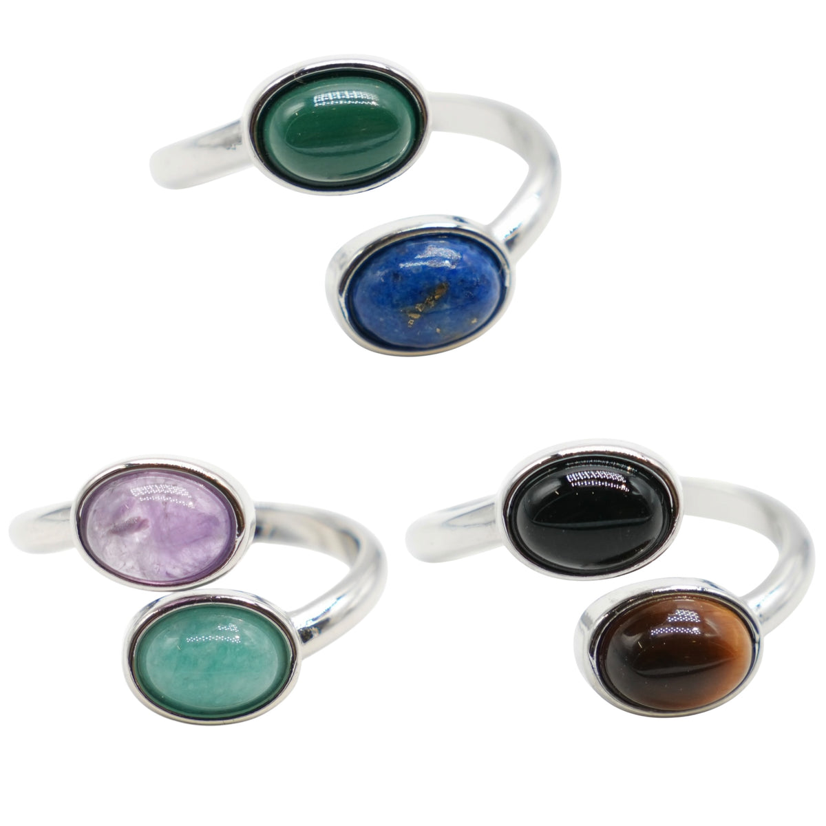 Bague DUO mix en laiton rhodié & pierre naturelle argenté (Réglable)