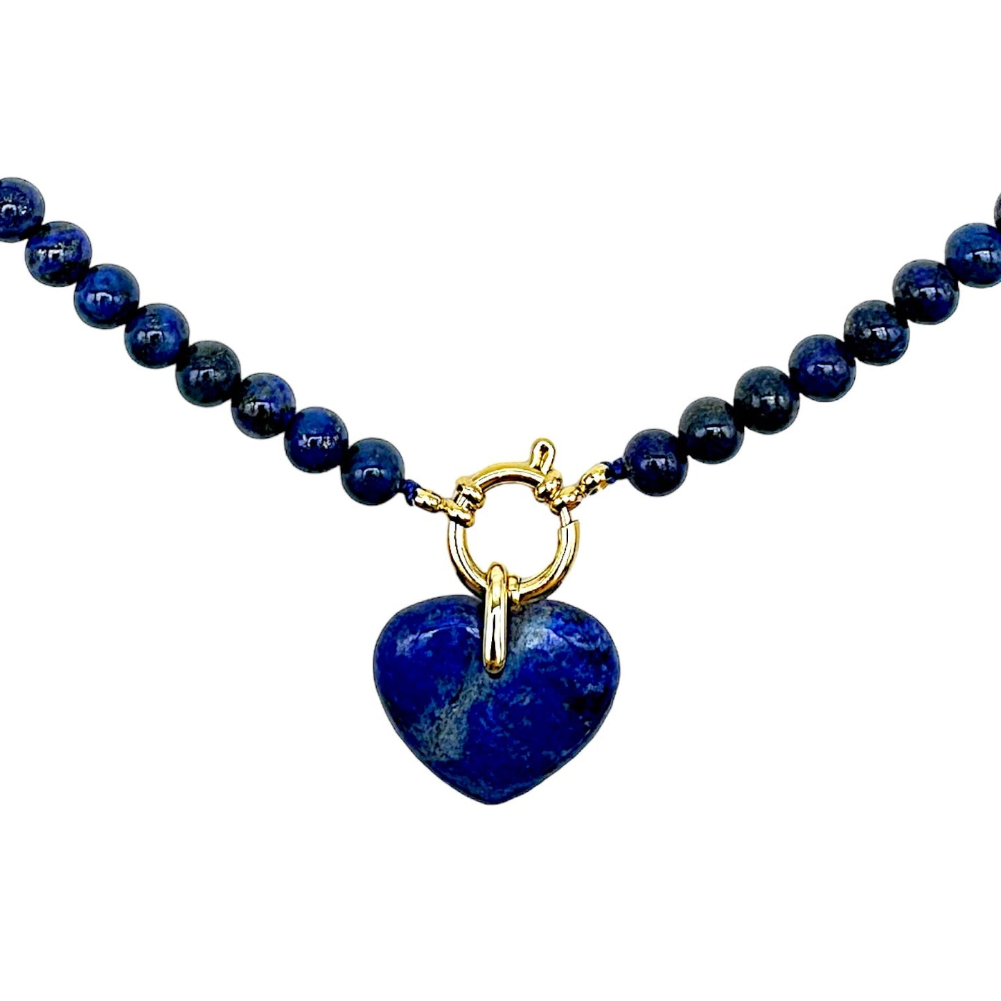 Collier en Lapis Lazuli attache bouée en acier argenté avec pendentif coeur