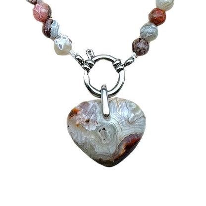 Collier boule en Agate crazy attache bouée en acier avec pendentif coeur 6mm