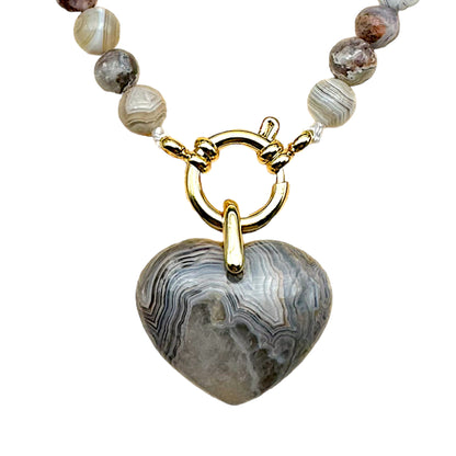 Collier boule en Agate crazy attache bouée en acier avec pendentif coeur 6mm