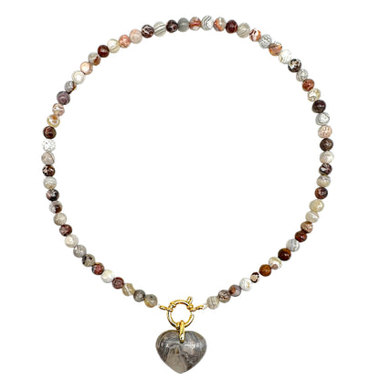 Collier boule en Agate crazy attache bouée en acier avec pendentif coeur 6mm