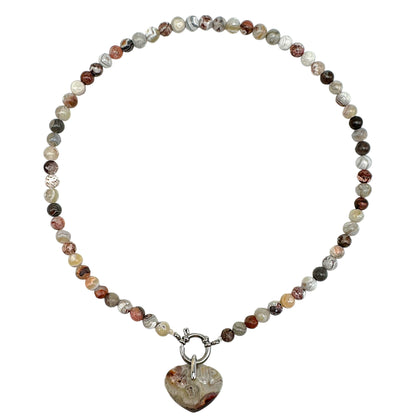 Collier boule en Agate crazy attache bouée en acier avec pendentif coeur 6mm