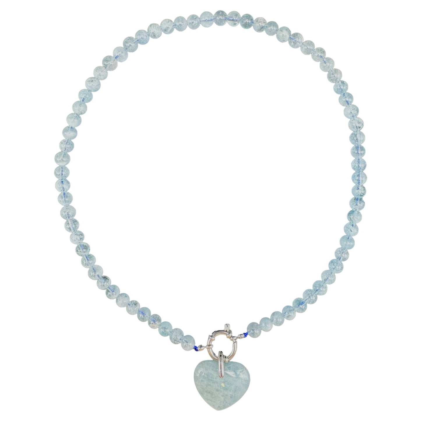 Collier en Aigue marine attache bouée en acier argenté avec pendentif coeur