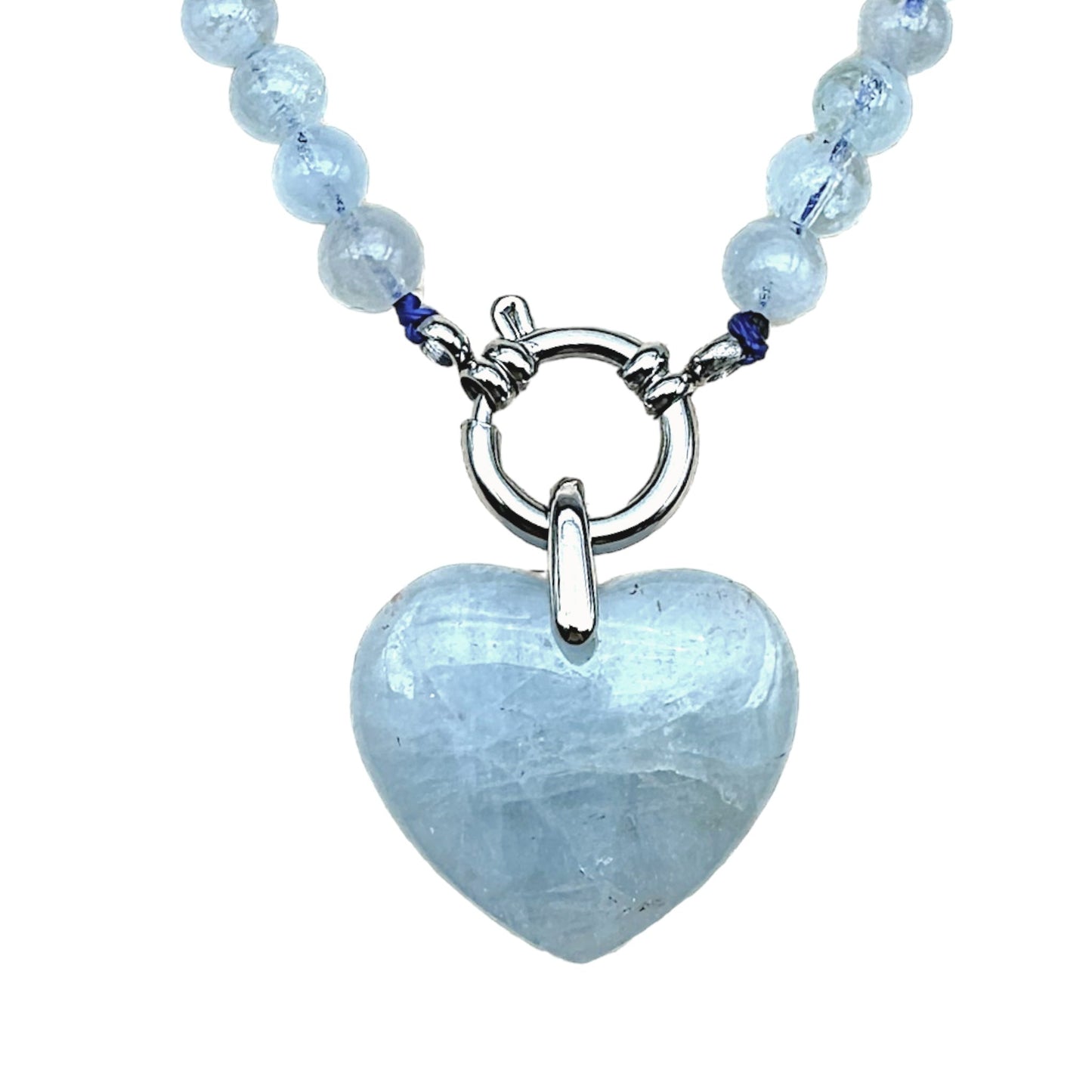 Collier en Aigue marine attache bouée en acier argenté avec pendentif coeur