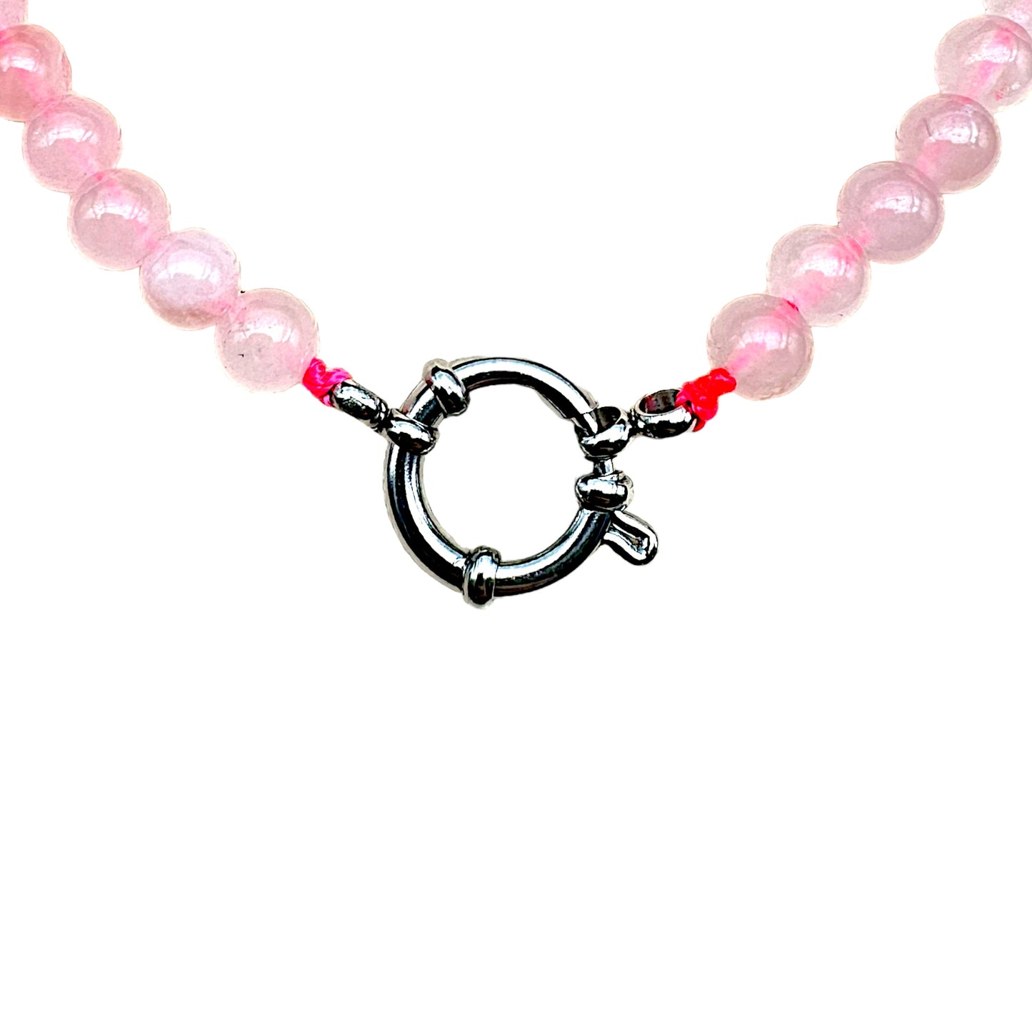 Collier boule en Quartz rose attache bouée en acier inoxydable dorée ou argenté