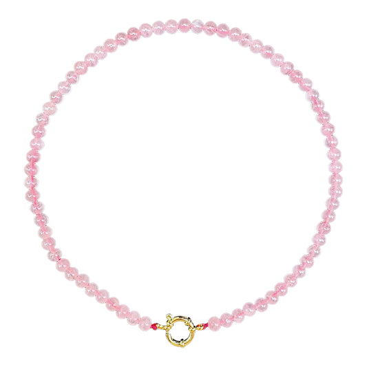 Collier boule en Quartz rose attache bouée en acier inoxydable dorée ou argenté