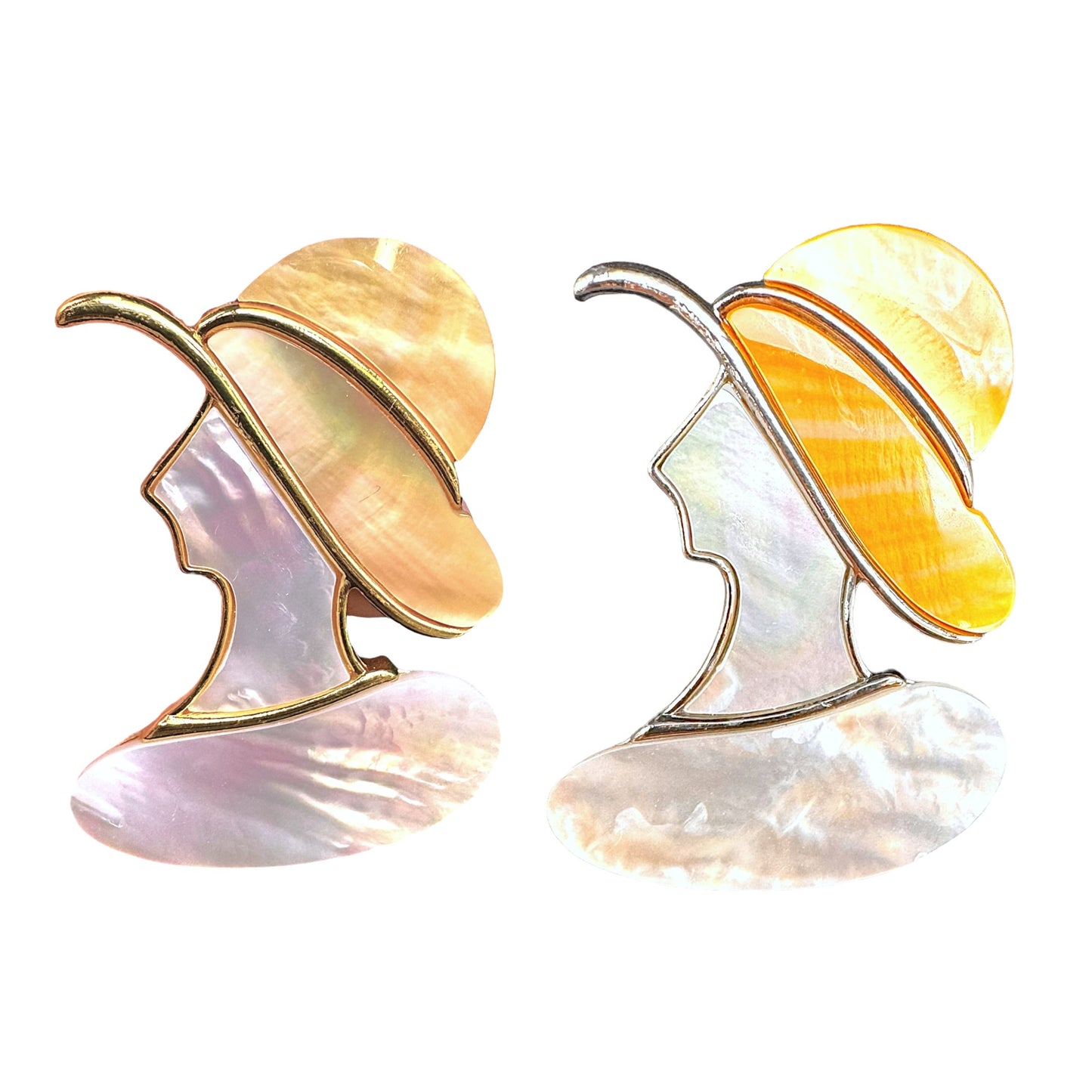 Broche dame au chapeau nacre dorée