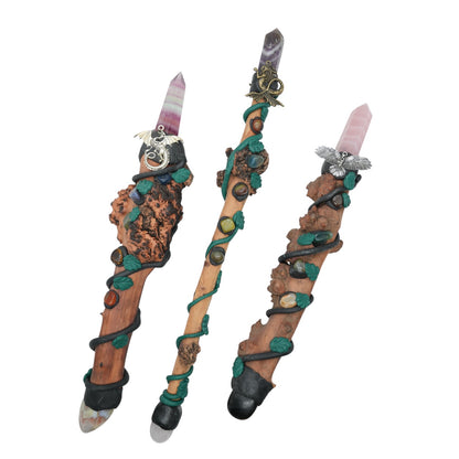 Baguette magique artisanale en bois, pierre naturelle pour rituel & méditation 35-40 cm à l’unité