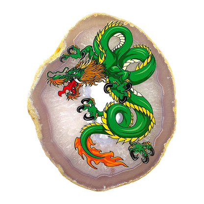 Plaque en Agate Botswana grise avec imprimé dragon vert