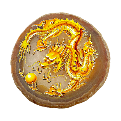 Plaque en Agate Botswana avec imprimé dragon jaune