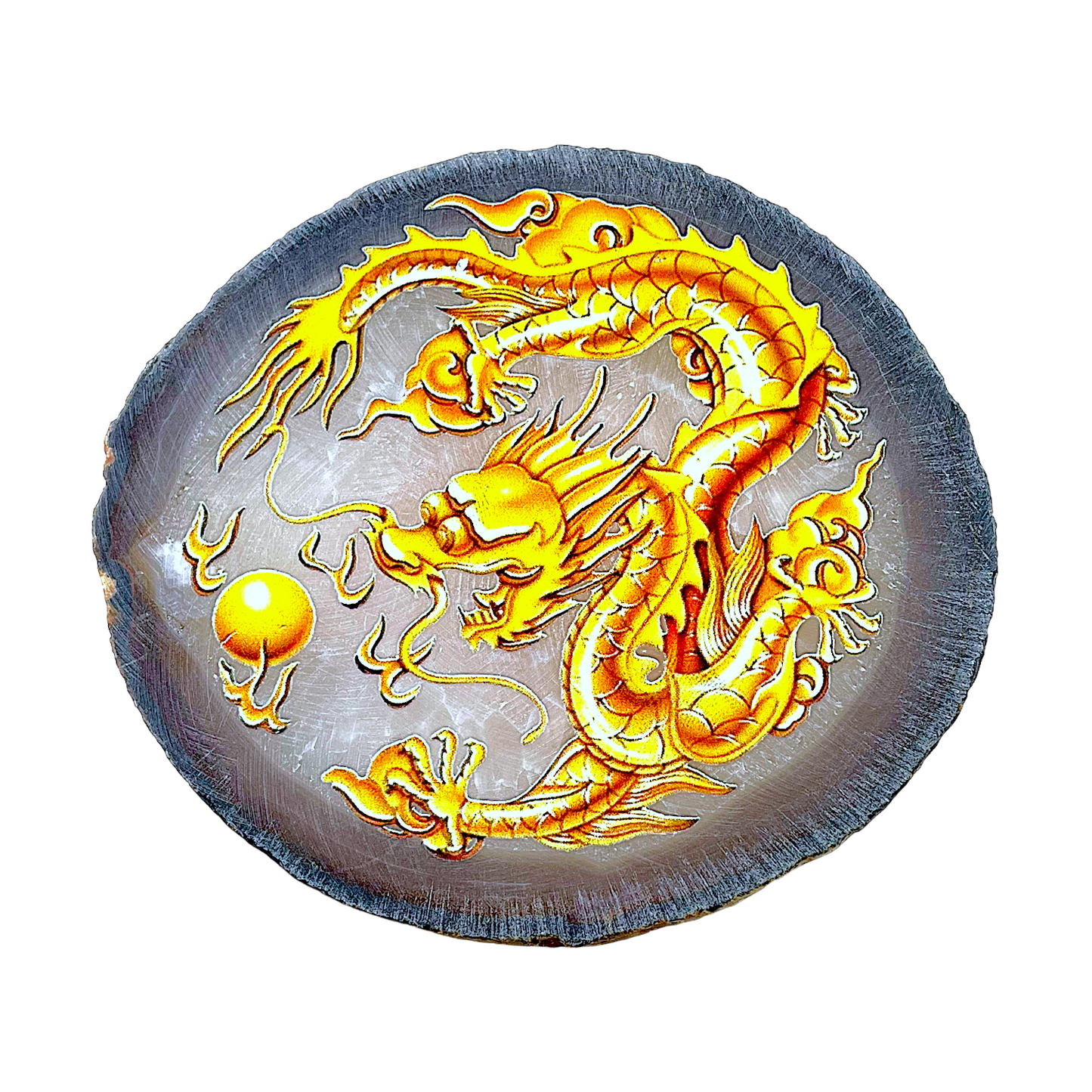 Plaque en Agate Botswana avec imprimé dragon jaune