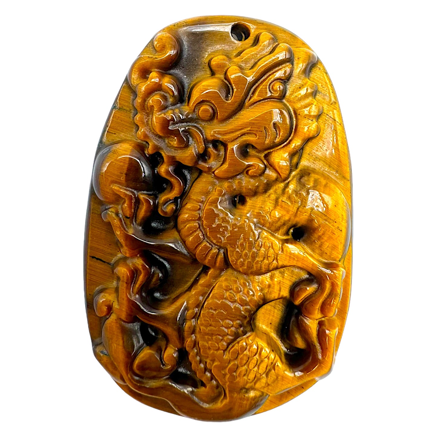 Pendentif plat dragon oeil de tigre 4,5 x 2,5 cm percé devant