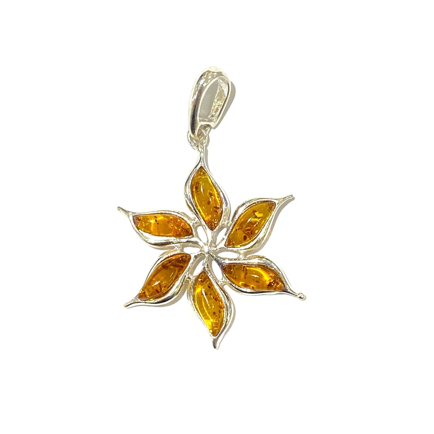 Pendentif ambre & argent forme fleur