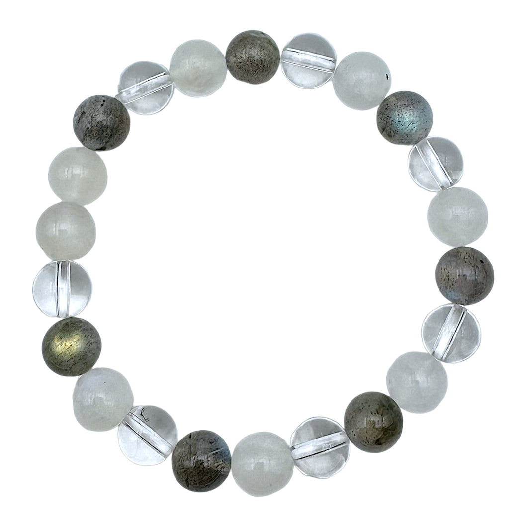 Bracelet Énergie spirituelle — Pierre de lune bleutée A, Labradorite A & cristal de roche (numéro 8)