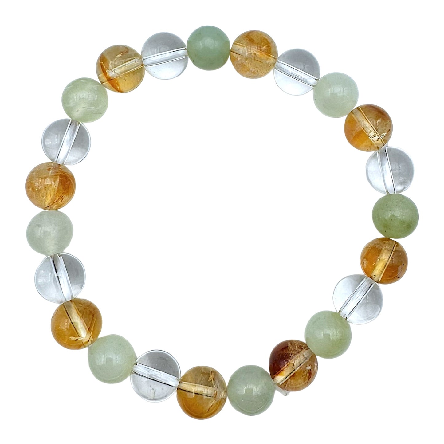 Bracelet chance & prospérité A — Citrine chauffée A, Jade de Chine & cristal de roche (numéro 6)