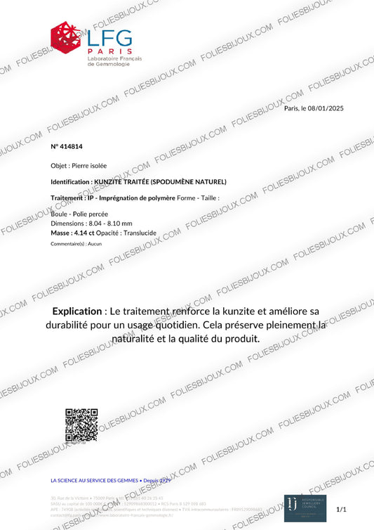 Certificat d'authenticité Kunzite - Foliesbijoux