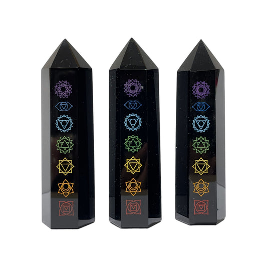 Pointe en obsidienne noire 7 chakras couleur