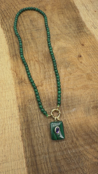 Collier/Pendentif en Malachite avec pierre Zircon couleur aléatoire (9 formes disponible)