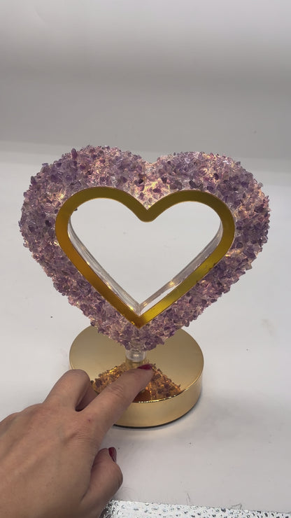 Lampe Cœur en Améthyste 21x17 cm – Rechargeable & Tactile