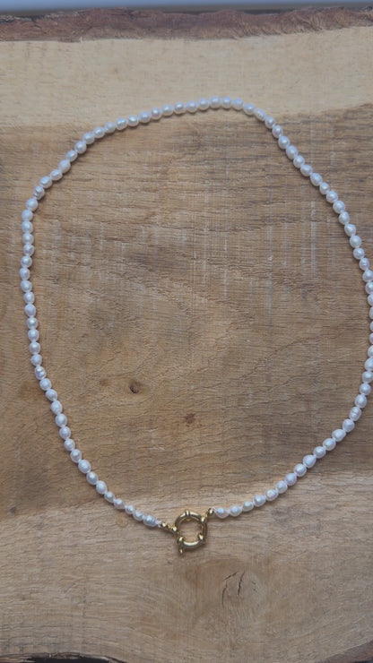 Collier en perles d’eau douce 3.5 mm attache bouée en acier doré numero 6