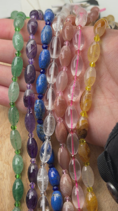 Fil de perle ovale en pierre naturelle 8x12 mm avec perles de rocaille (7 pierres disponible) — Référence OV1
