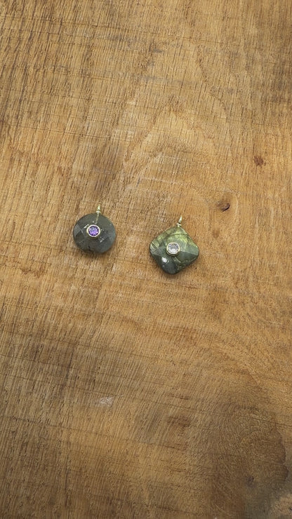 Collier/Pendentif en Labradorite avec pierre Zircon couleur aléatoire (2 formes disponible)