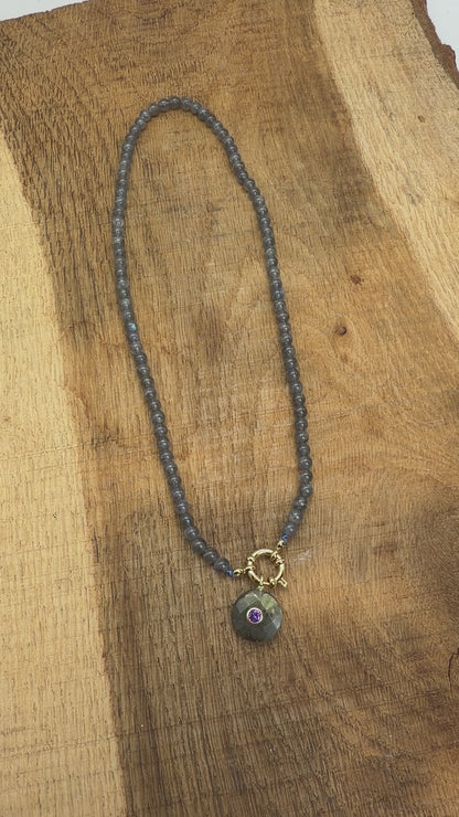 Collier/Pendentif en Labradorite avec pierre Zircon couleur aléatoire (2 formes disponible)