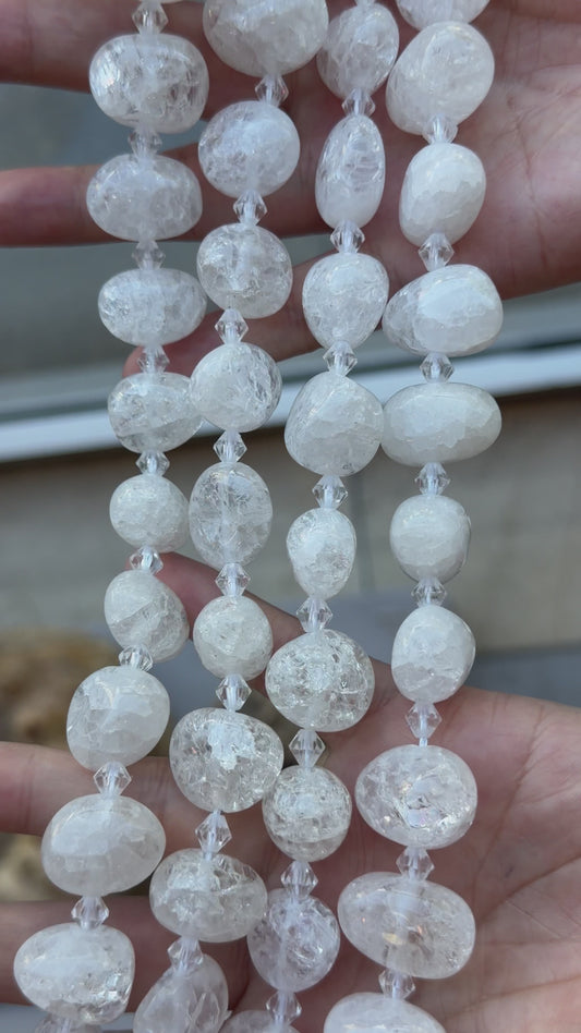 Fil de perle forme libre facetté Cristal de roche CRAQUELÉ ovale 13x18 mm (référence 9)