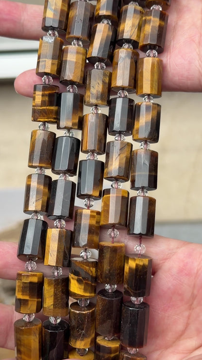 Fil de perle 10x14 mm Oeil de tigre cylindre avec perles de rocaille (référence 69)