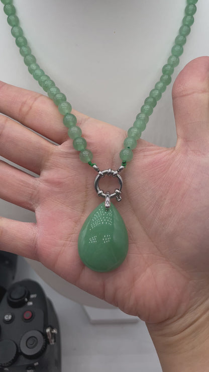 Collier boule en Aventurine verte attache bouée en acier argenté avec pendentif