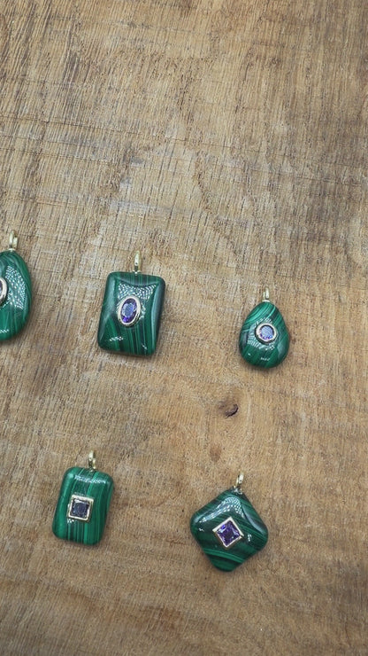 Collier/Pendentif en Malachite avec pierre Zircon couleur aléatoire (9 formes disponible)