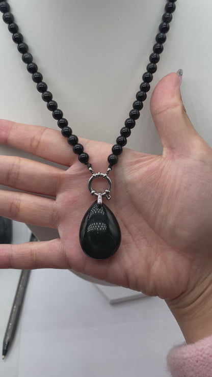 Collier boule en Obsidienne céleste attache bouée en acier argenté avec pendentif