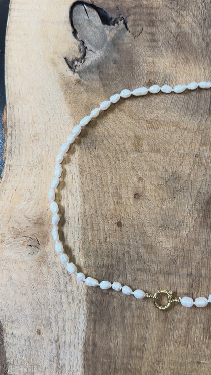 Collier en perles d’eau douce 5-5.5 mm attache bouée en acier doré numéro 9