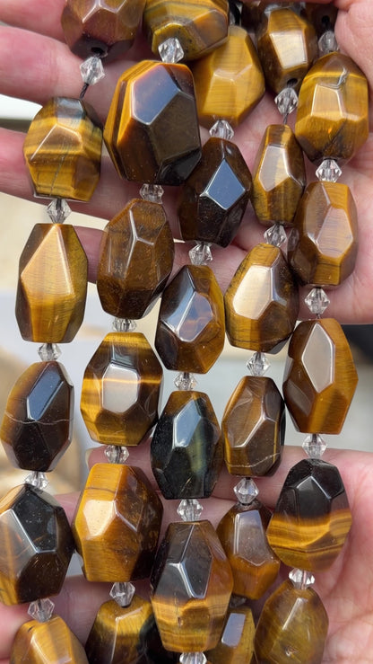 Fil de perle forme libre 18x25 mm ovale facetté Oeil de tigre intercalaire perles de cristal de roche (référence 72)