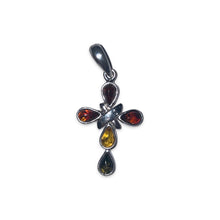 Load image into Gallery viewer, Amber &amp; silver pendant Cross form
